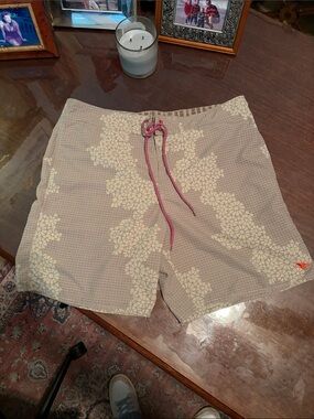 Ted Baker Beige Floral Swim Trunks with Pink Drawstring